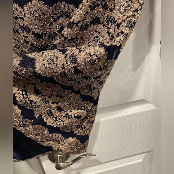 Jessica Howard Evenings Size 12 Long Sleeve Navy Blue Gold Lacy Sheath Dress - Picture 8 of 11